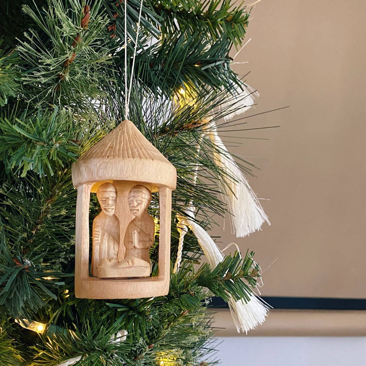 Hand-Carved Nativity Hut Ornament: Mahogany Finish